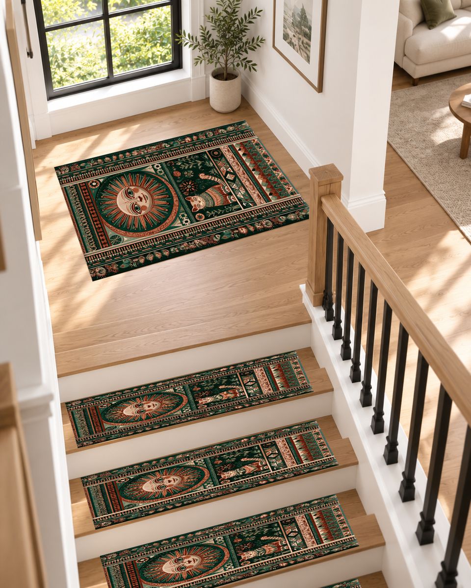 Folk Sun Face and Cat non-slip stair mat