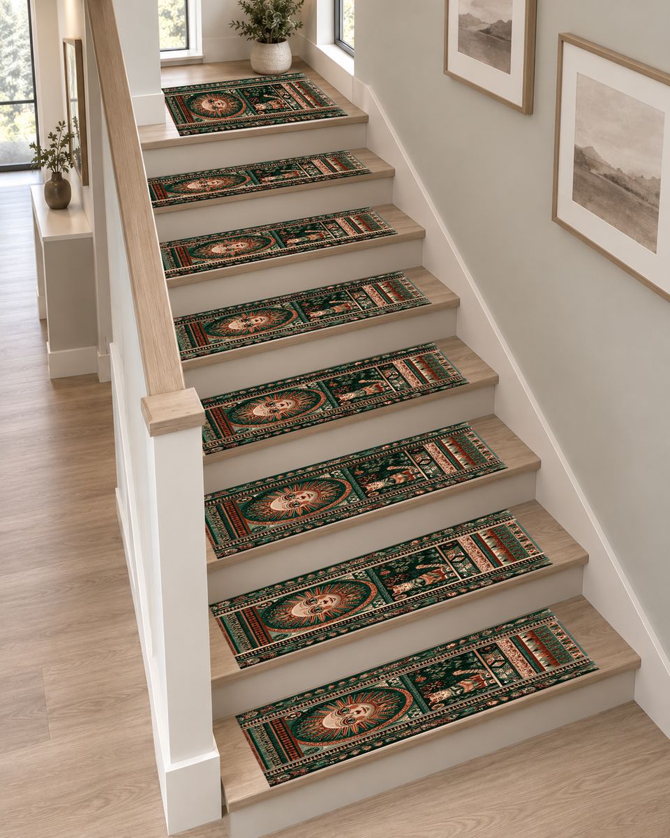Folk Sun Face and Cat non-slip stair mat