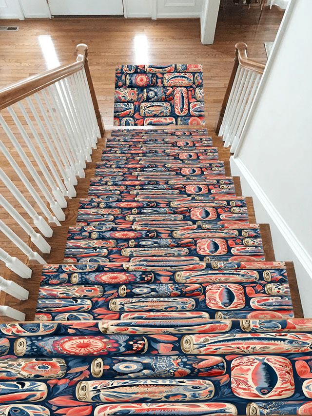 Coral and Navy Sardine Tins non-slip stair mat