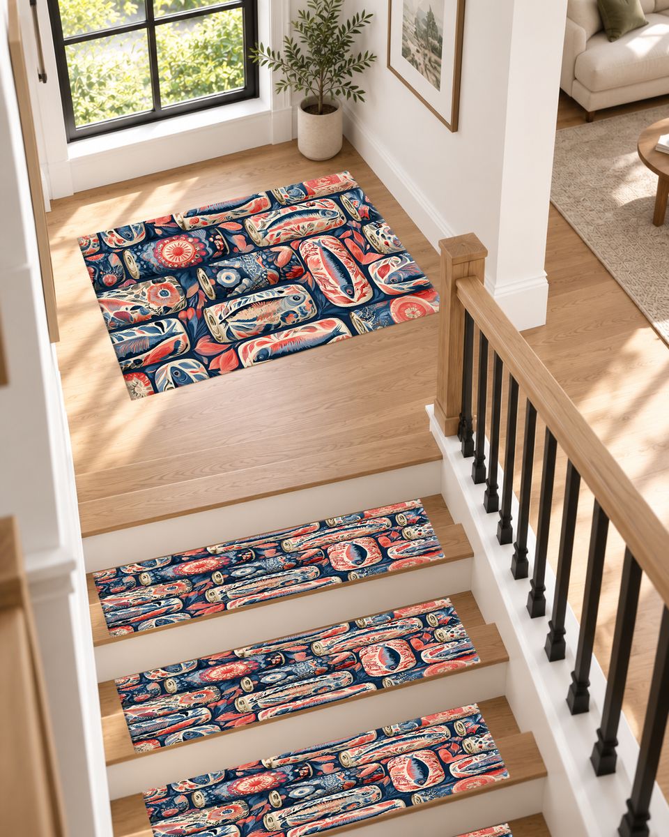 Coral and Navy Sardine Tins non-slip stair mat