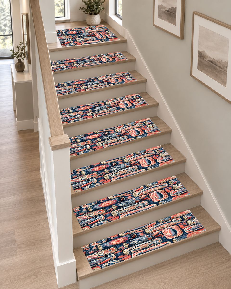 Coral and Navy Sardine Tins non-slip stair mat