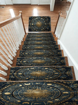 Navy and Gold Zodiac Wheel Stair Treads, Non-Slip Stair Mat Set