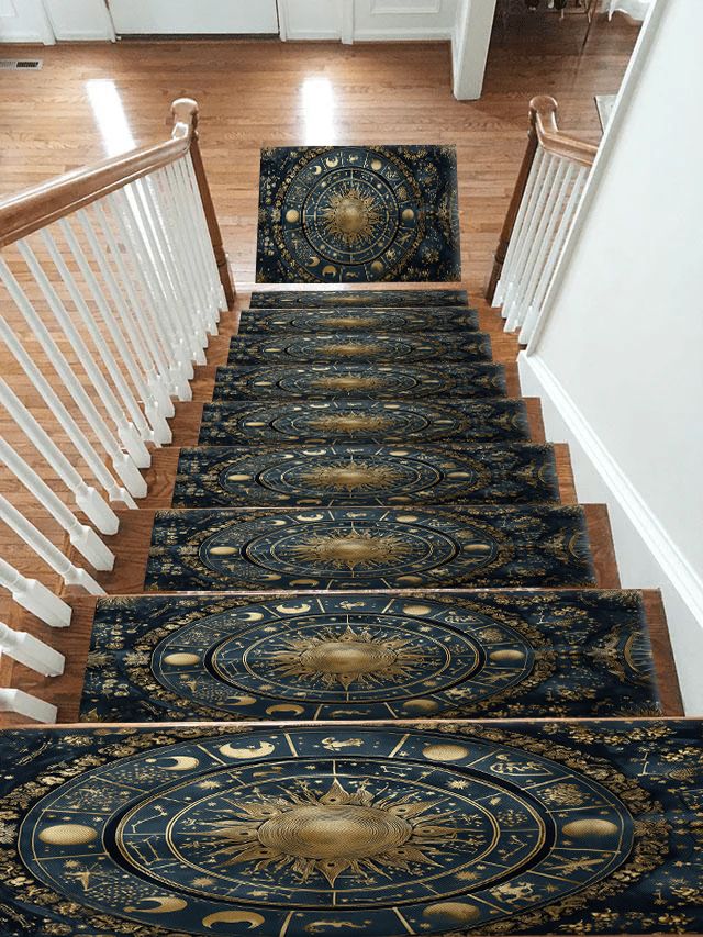 Navy and Gold Zodiac Wheel non-slip stair mat
