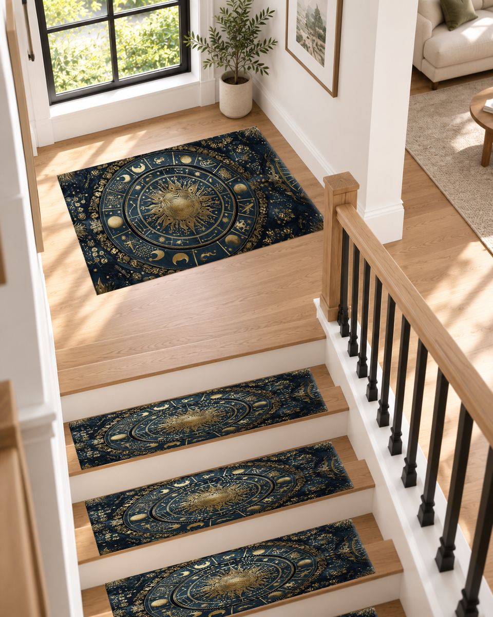 Navy and Gold Zodiac Wheel non-slip stair mat