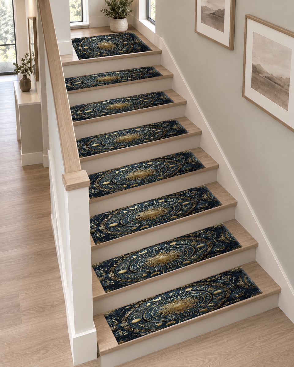 Navy and Gold Zodiac Wheel non-slip stair mat