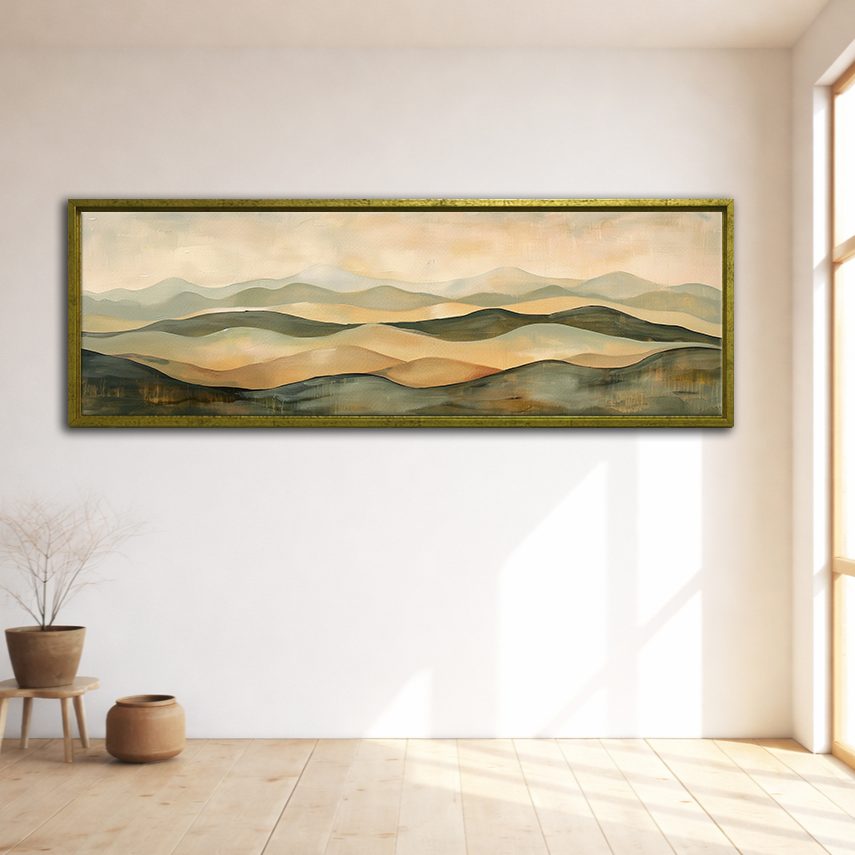 Sage and Beige Rolling Hills canvas wall art, gold floating frame