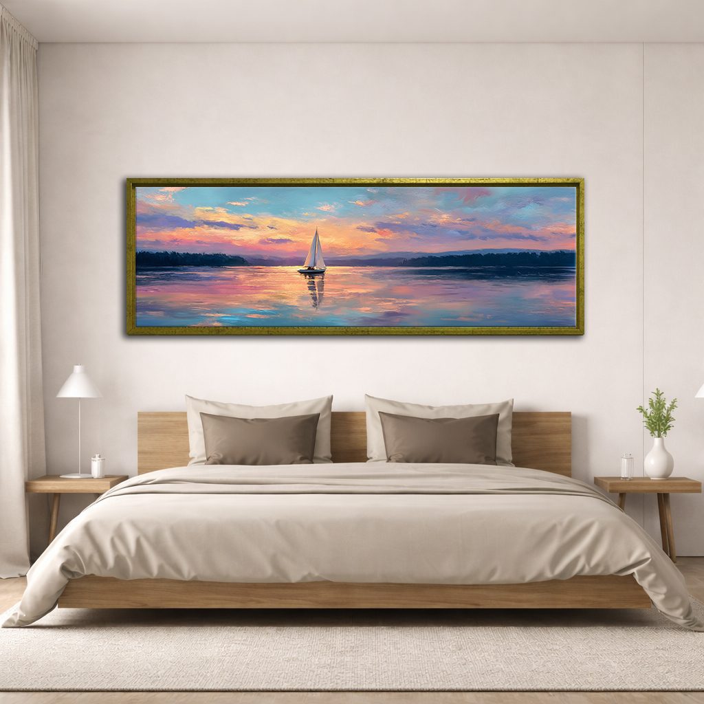 Sailboat at Pastel Sunset Lake canvas wall art, antique gold floating frame