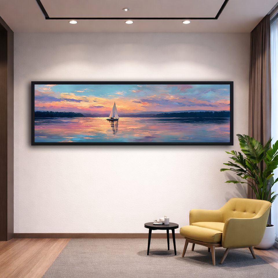 Sailboat at Pastel Sunset Lake canvas wall art, black floating frame