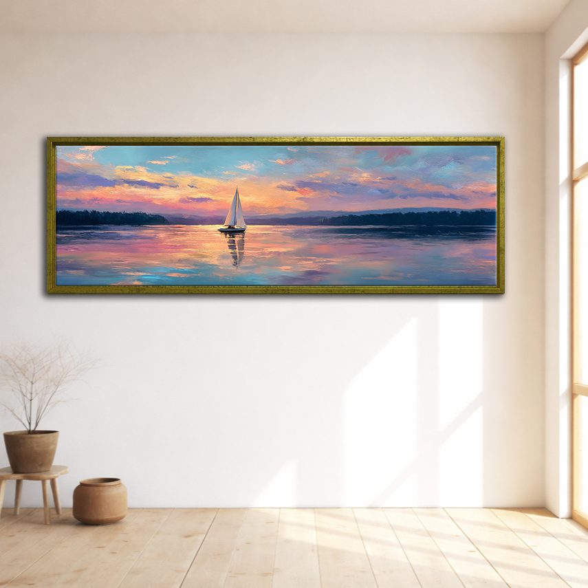 Sailboat at Pastel Sunset Lake canvas wall art, gold floating frame