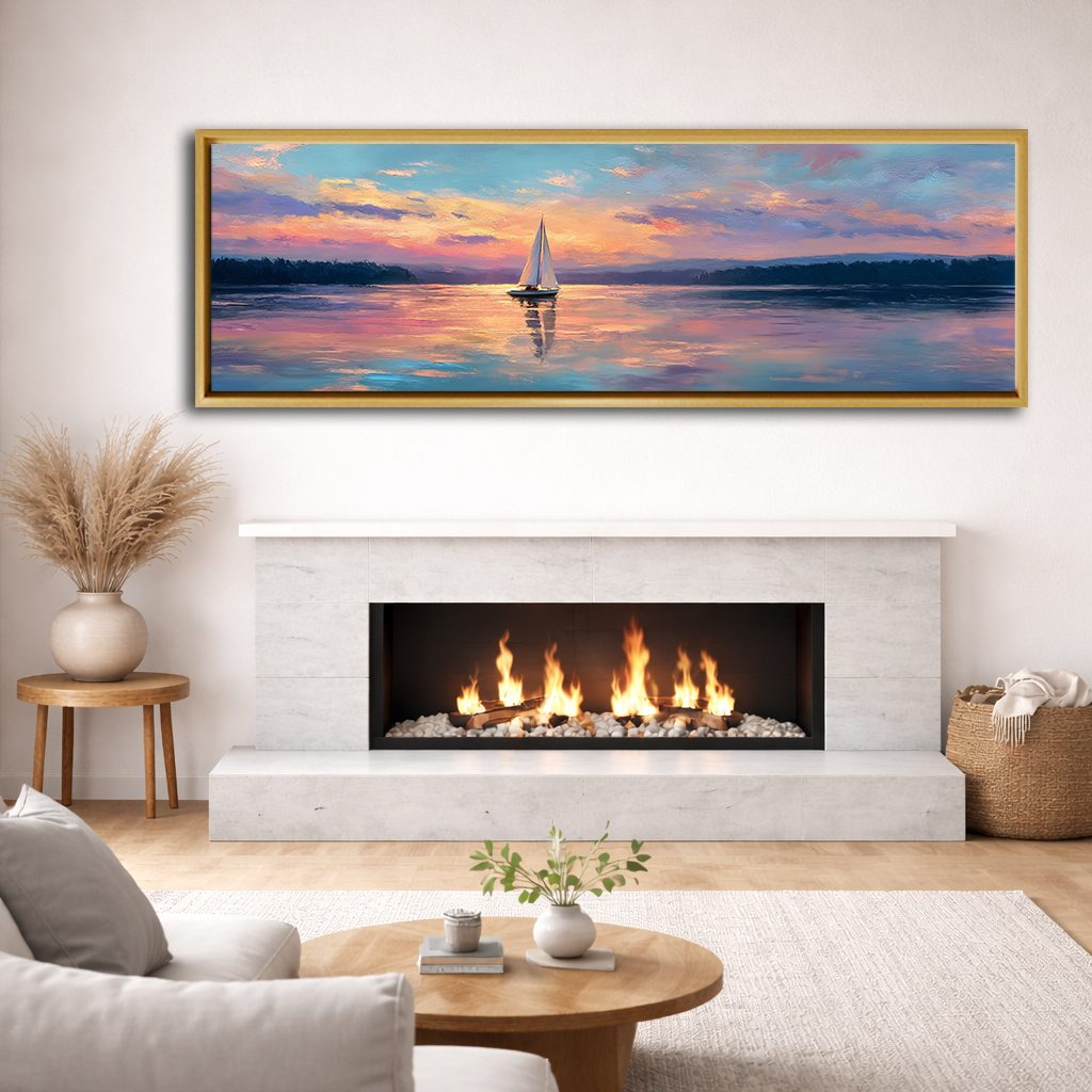 Sailboat at Pastel Sunset Lake canvas wall art, natural wood floating frame