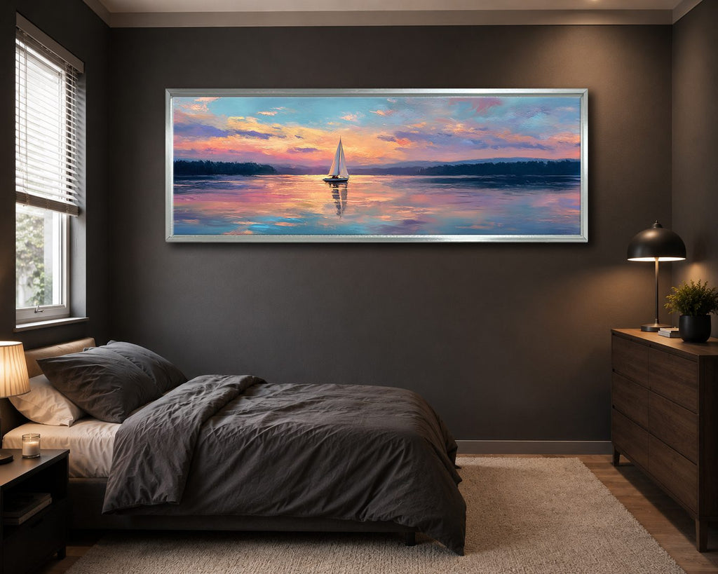 Sailboat at Pastel Sunset Lake canvas wall art, silver floating frame