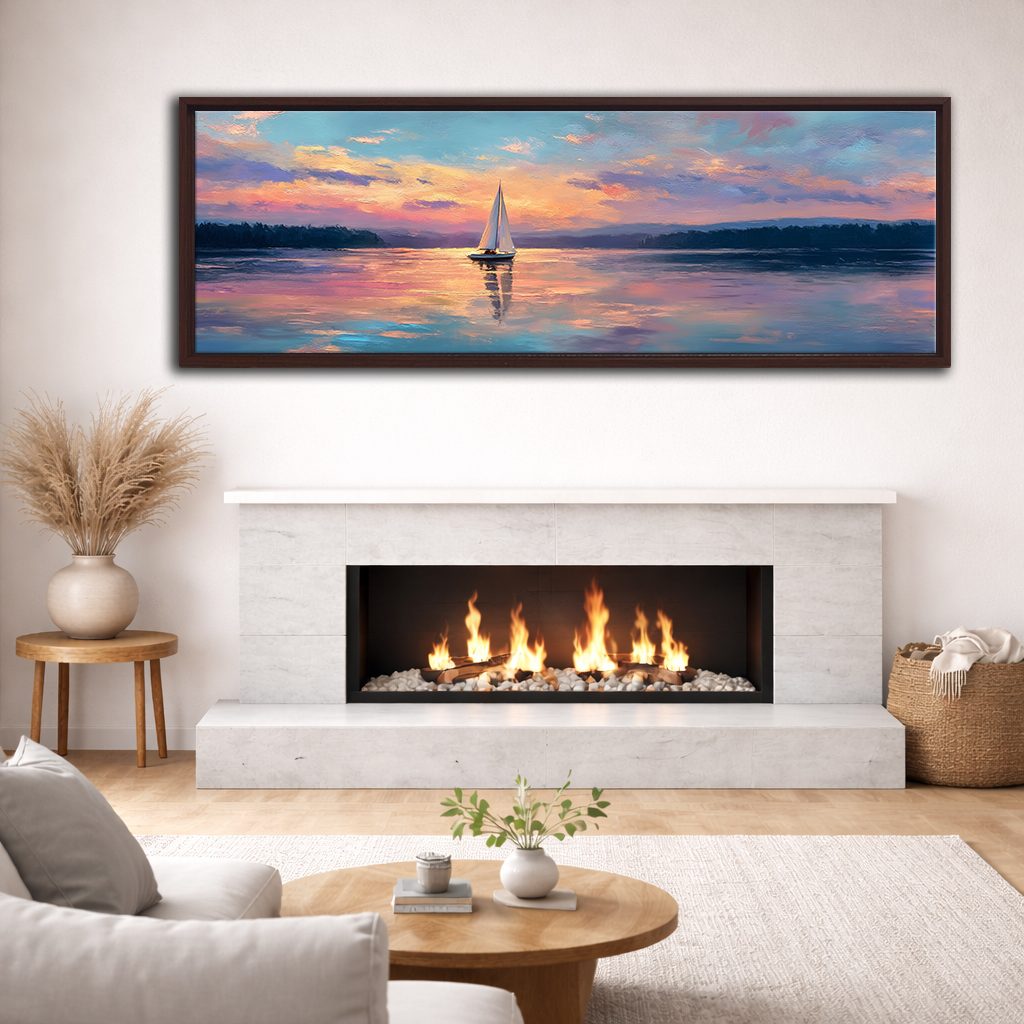 Sailboat at Pastel Sunset Lake canvas wall art, walnut floating frame
