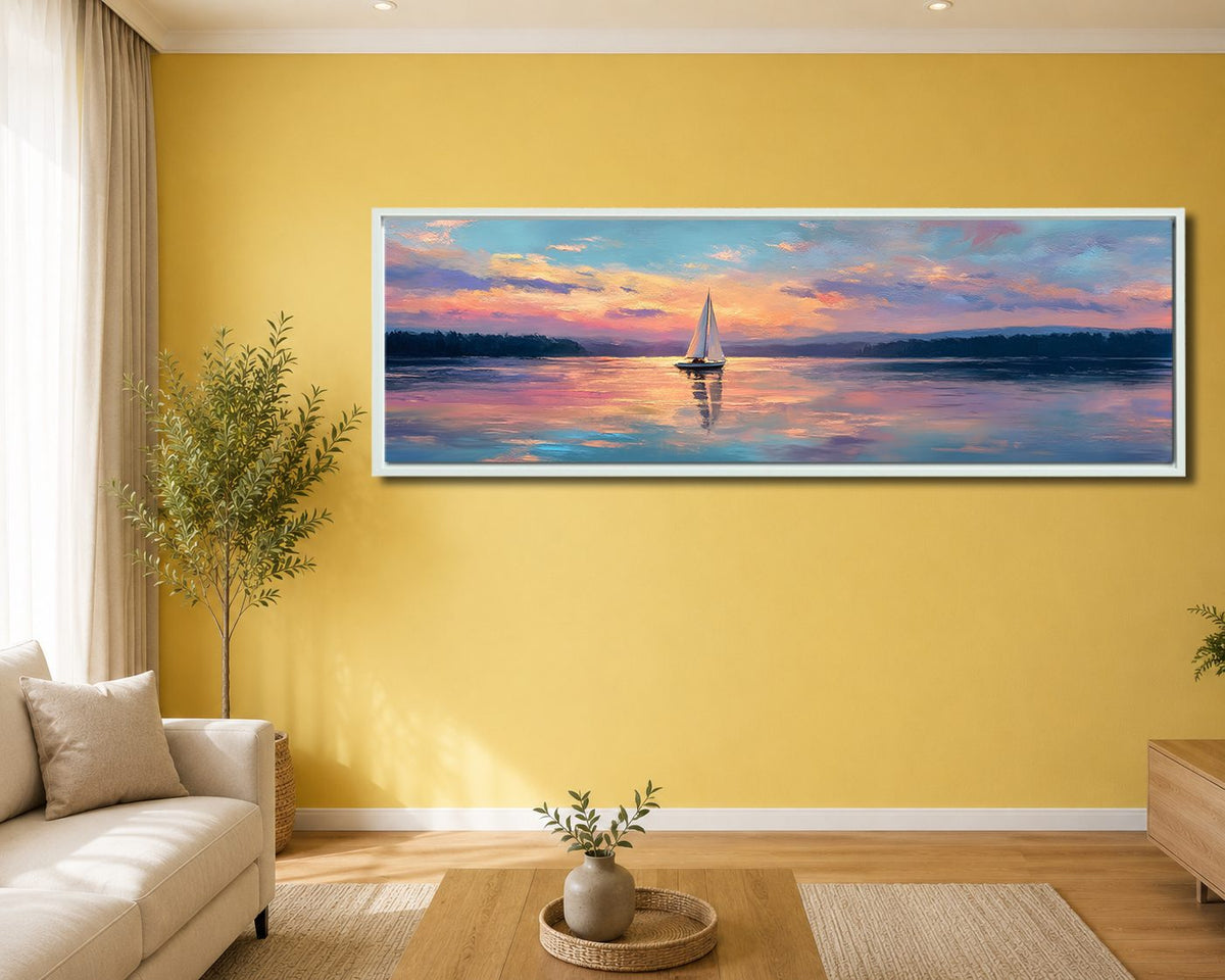 Sailboat at Pastel Sunset Lake canvas wall art, white floating frame