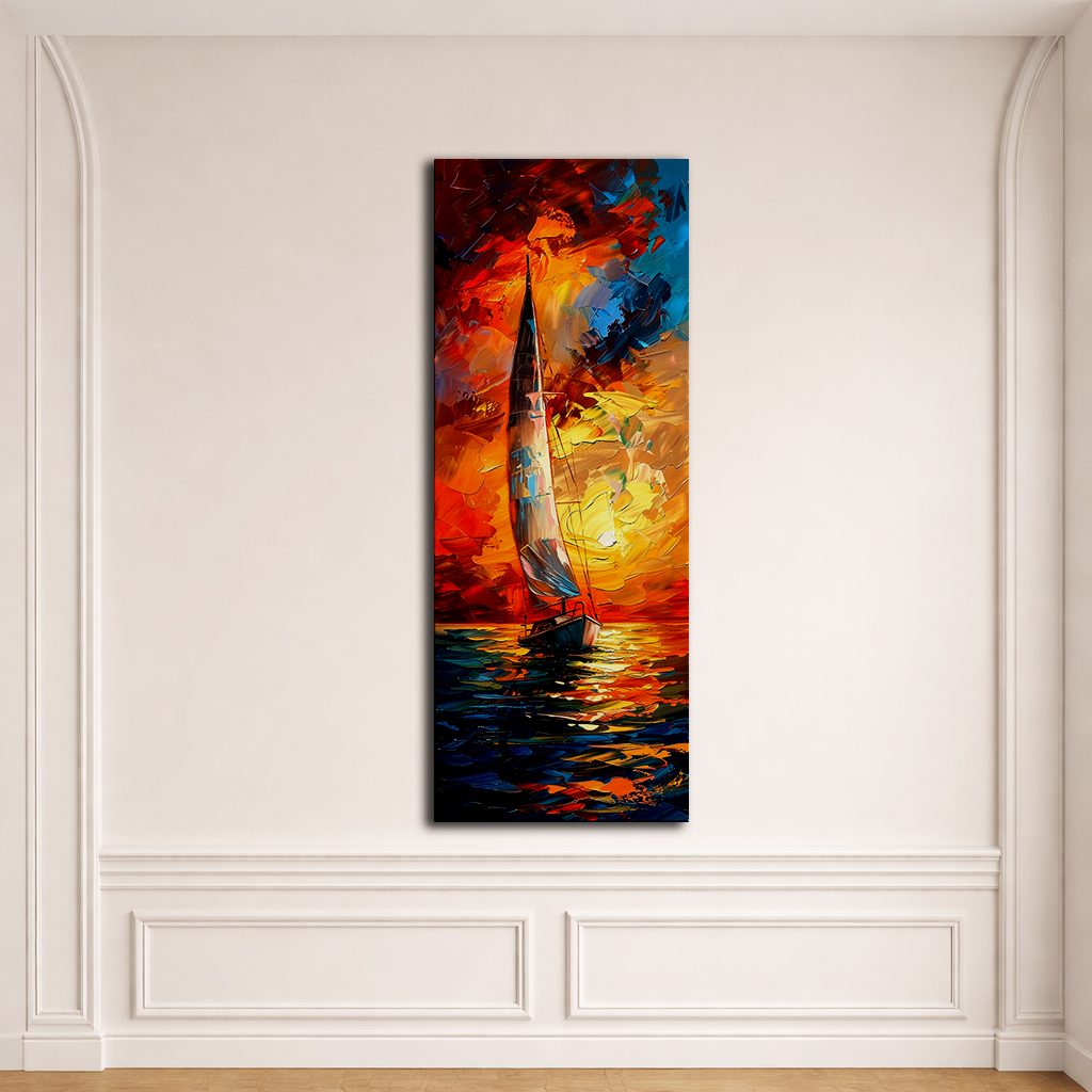 Sailboat in Fiery Sunset Palette Knife canvas wall art, unframed canvas