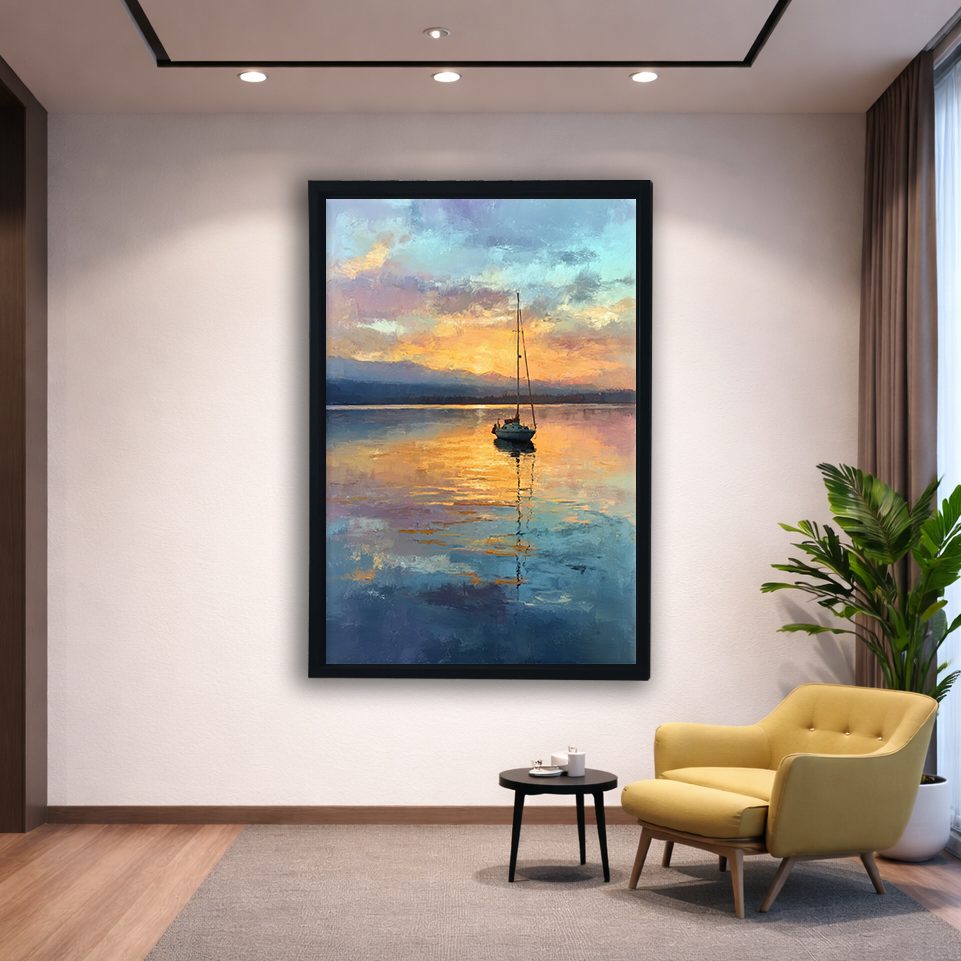 Sailboat on Golden Lake Sunset canvas wall art, black floating frame