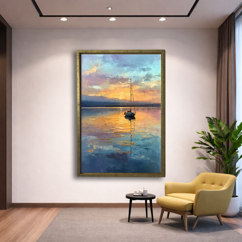 Sailboat on Golden Lake Sunset canvas wall art, gold floating frame