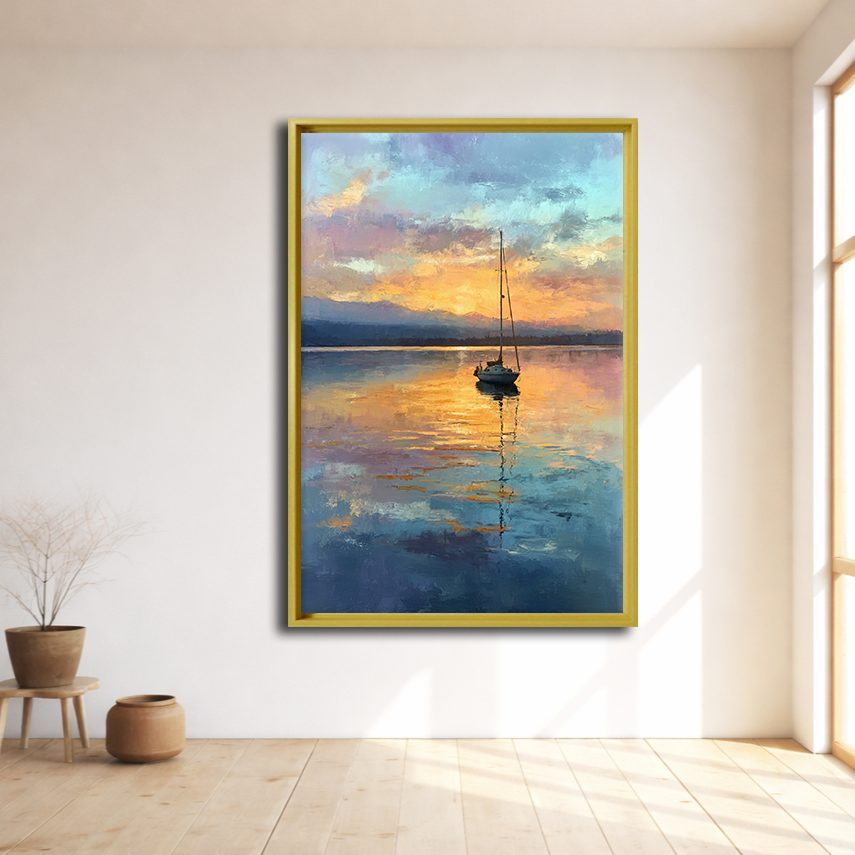 Sailboat on Golden Lake Sunset canvas wall art, natural wood floating frame