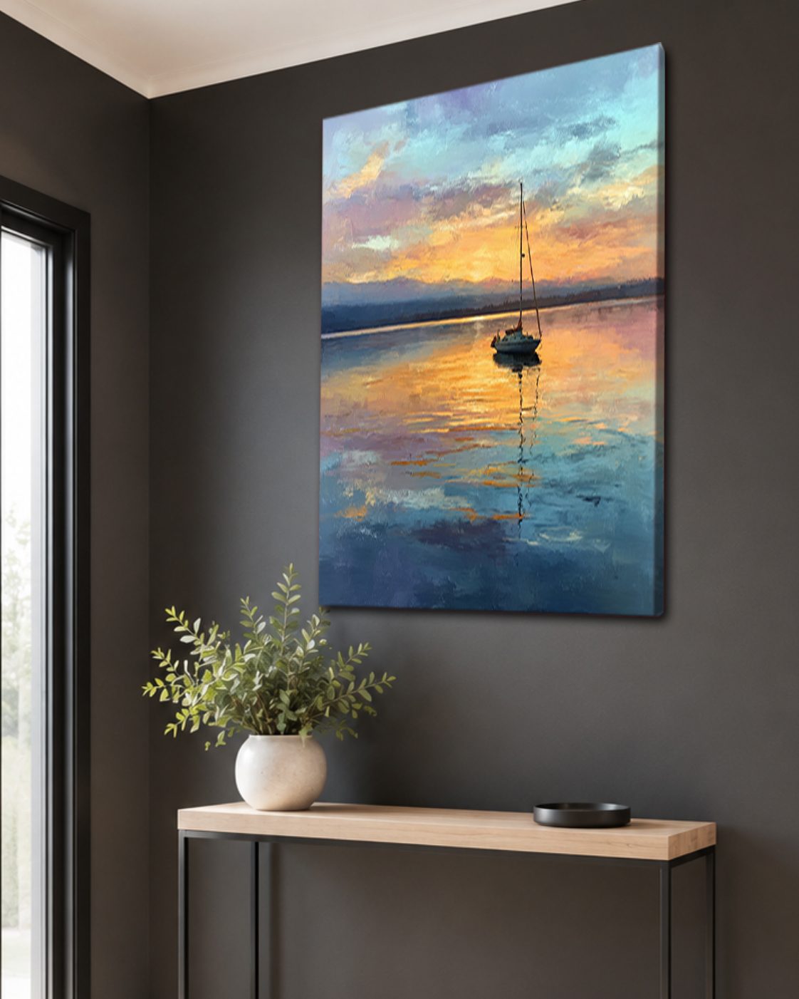 Sailboat on Golden Lake Sunset canvas wall art, unframed canvas