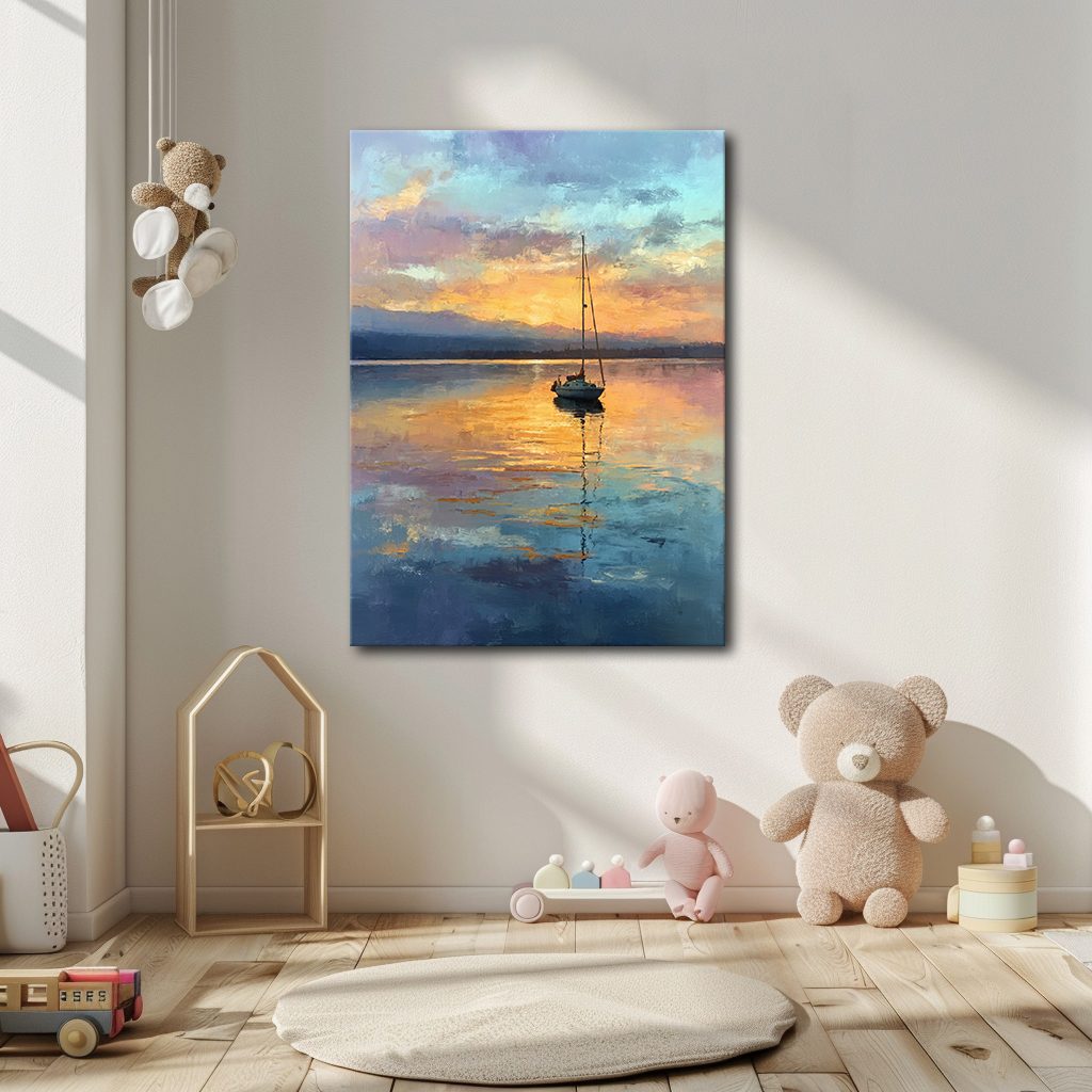 Sailboat on Golden Lake Sunset canvas wall art, unframed canvas
