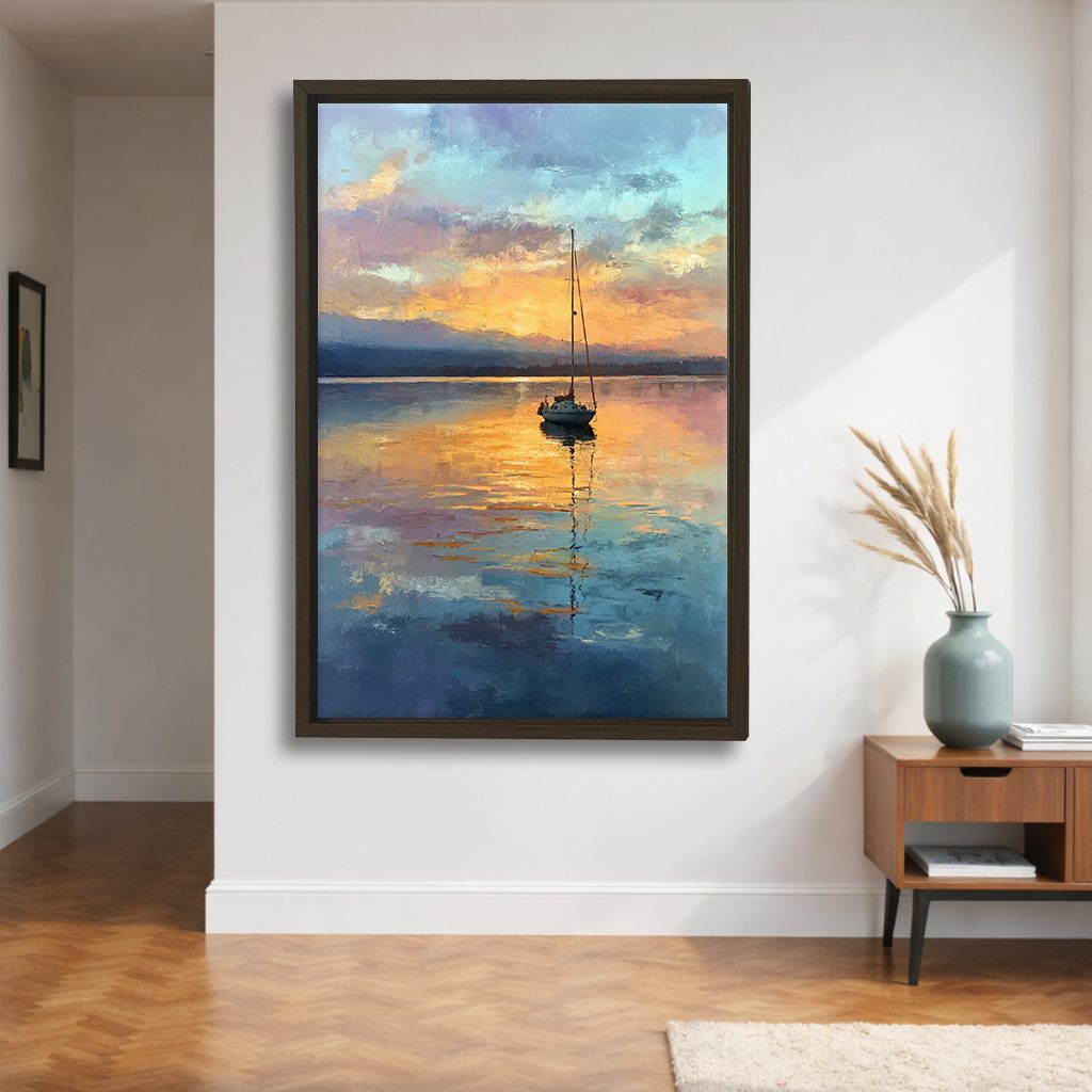 Sailboat on Golden Lake Sunset canvas wall art, walnut floating frame