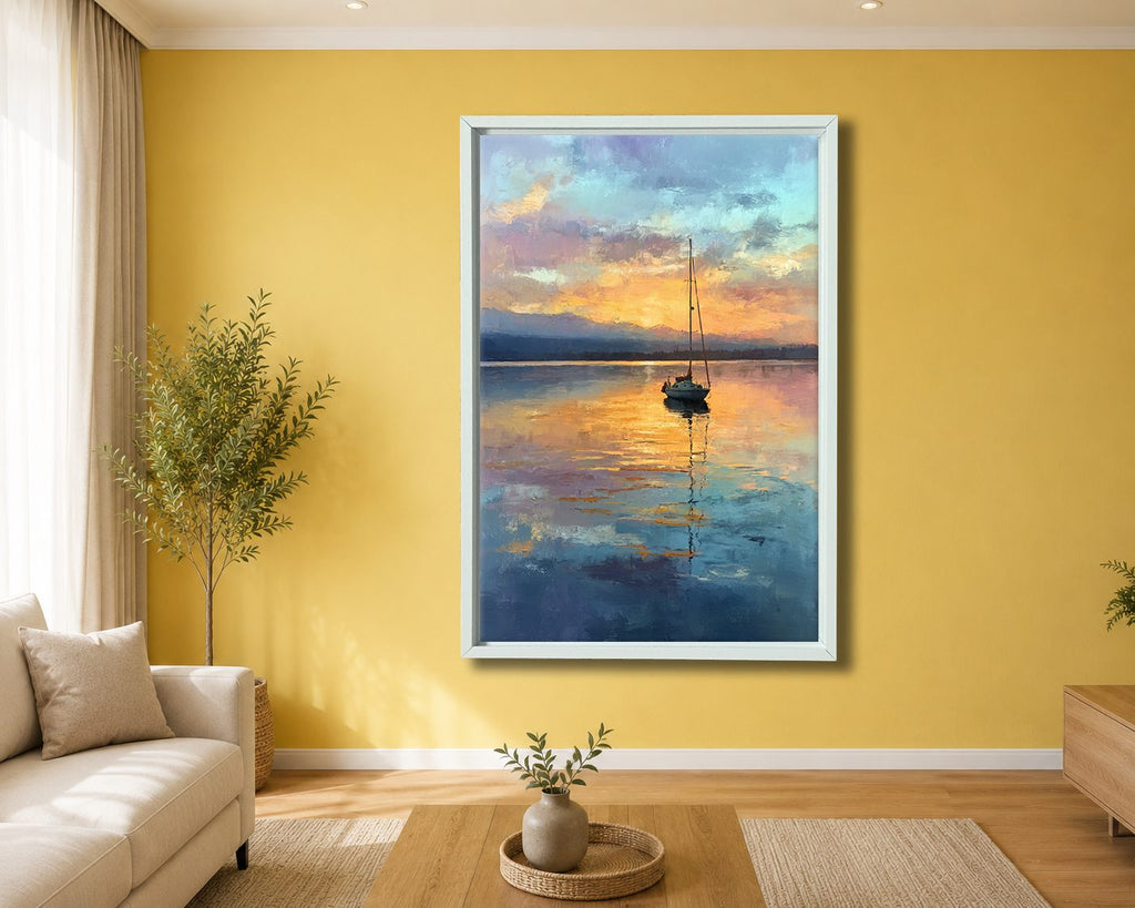 Sailboat on Golden Lake Sunset canvas wall art, white floating frame