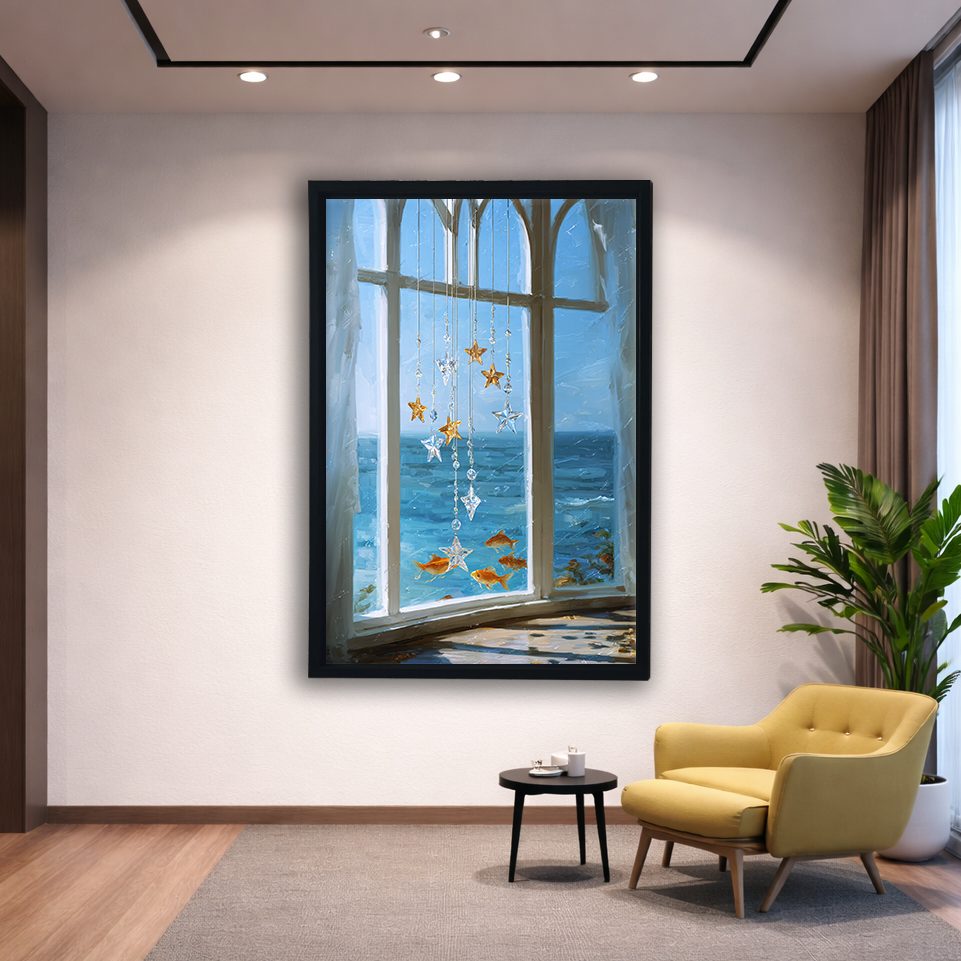 Sea View Window with Starfish canvas wall art, black floating frame