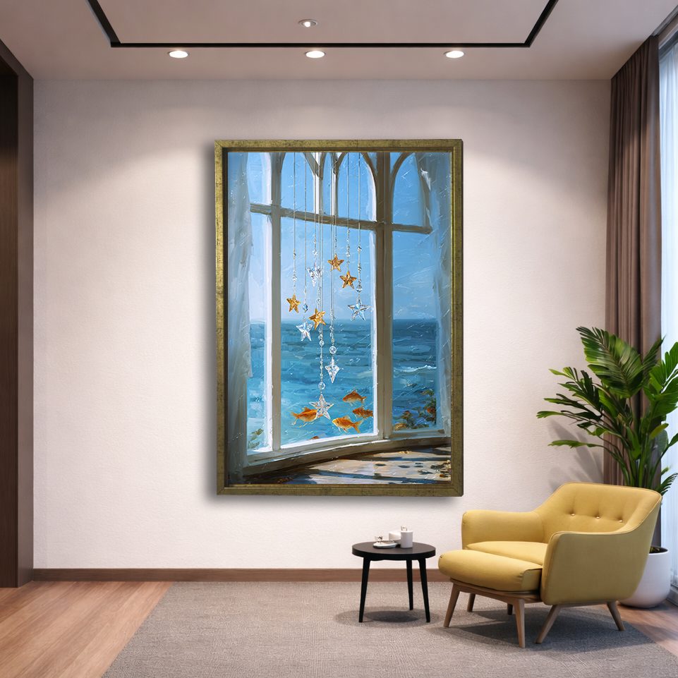 Sea View Window with Starfish canvas wall art, gold floating frame