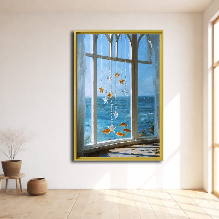 Sea View Window with Starfish canvas wall art, natural wood floating frame