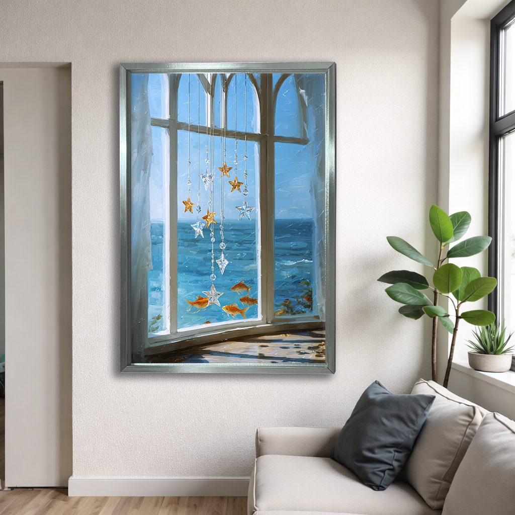 Sea View Window with Starfish canvas wall art, silver floating frame