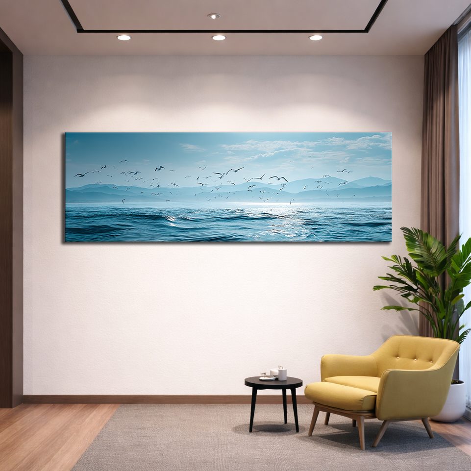 Seagulls over Blue Ocean canvas wall art, unframed canvas
