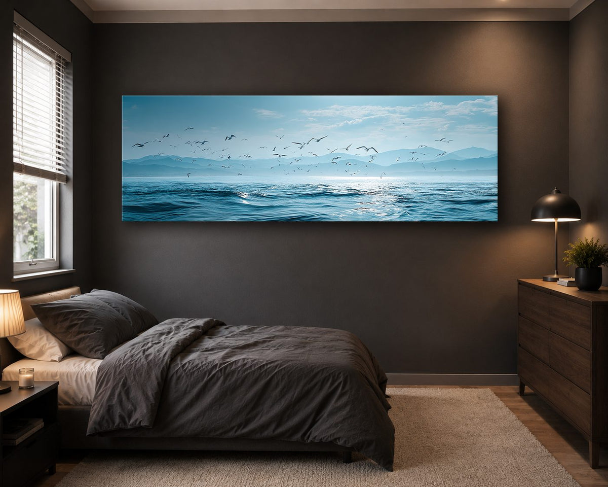 Seagulls over Blue Ocean canvas wall art, unframed canvas