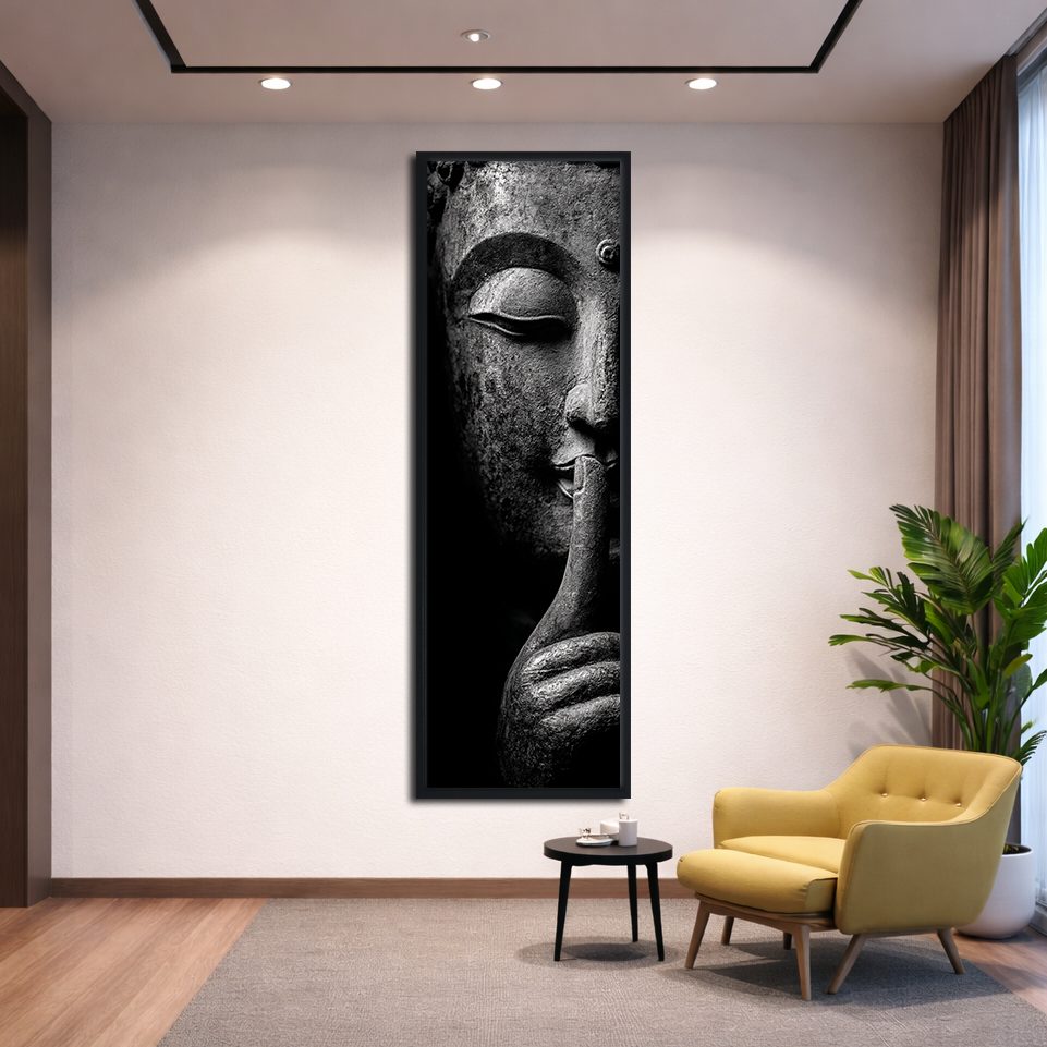 Silent Buddha Face canvas wall art, black floating frame