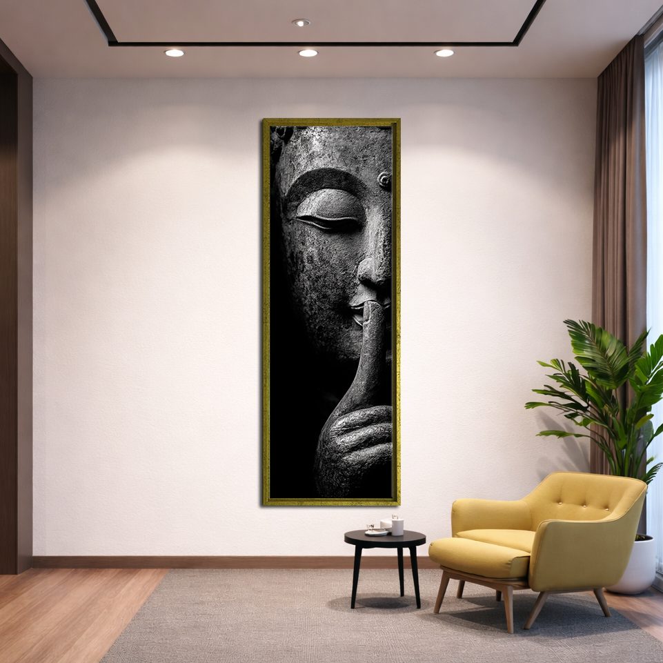 Silent Buddha Face canvas wall art, gold floating frame