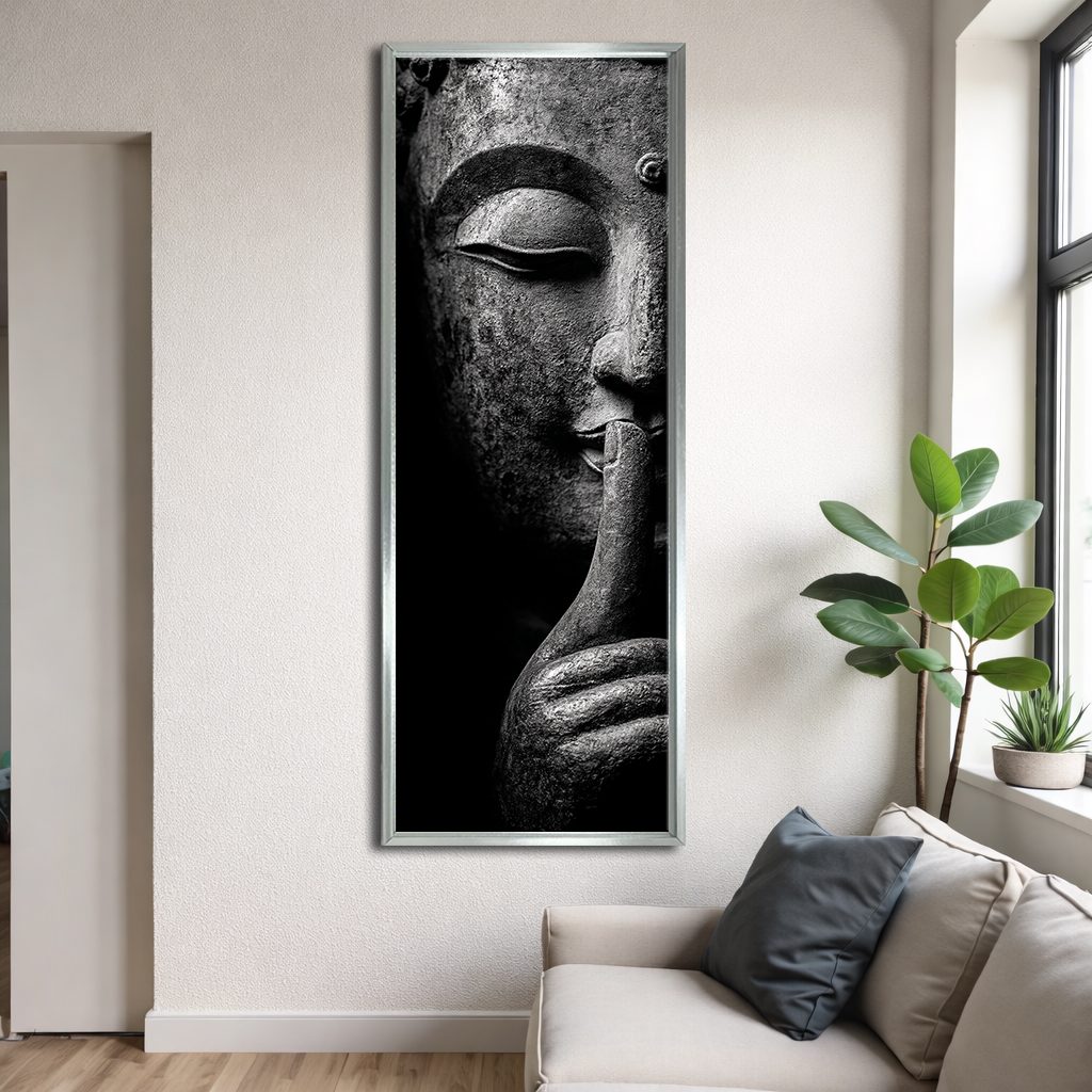 Silent Buddha Face canvas wall art, silver floating frame