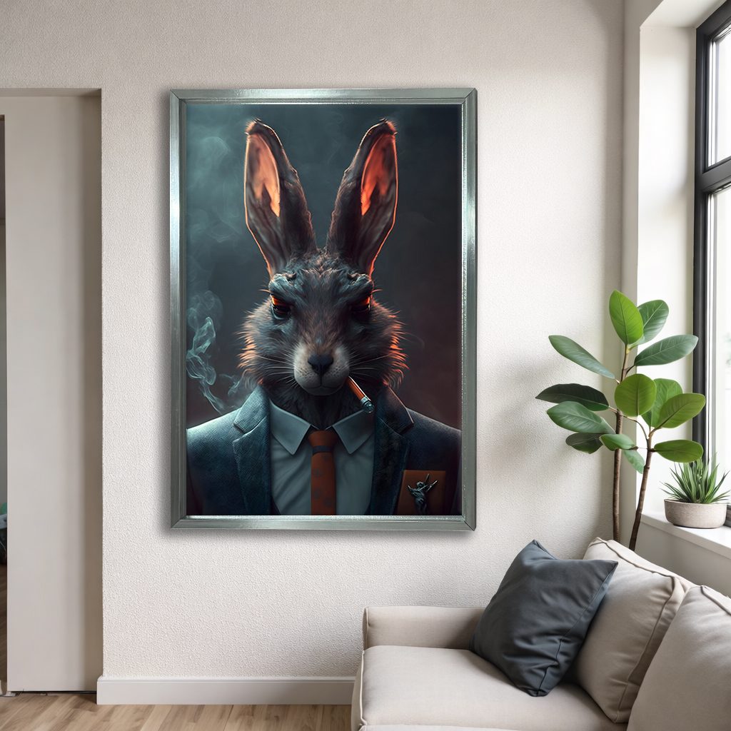 Smoking Rabbit in a Suit canvas wall art, silver floating frame