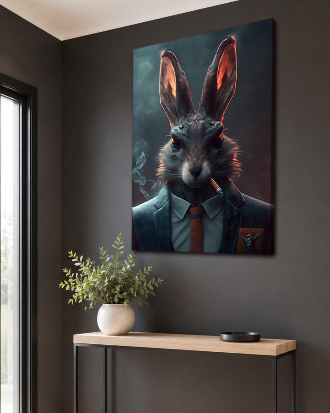 Smoking Rabbit in a Suit canvas wall art, unframed canvas