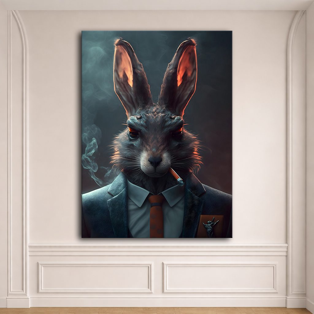 Smoking Rabbit in a Suit canvas wall art, unframed canvas