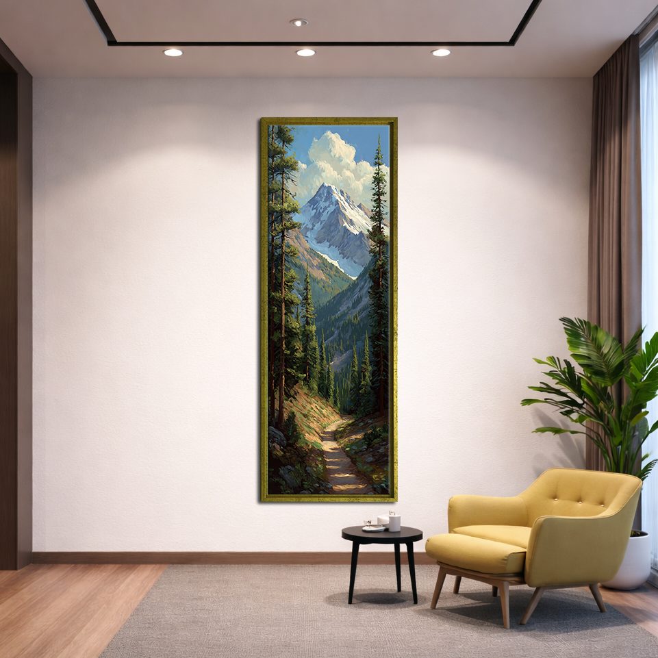 Snowy Mountain Peak and Forest Trail canvas wall art, gold floating frame