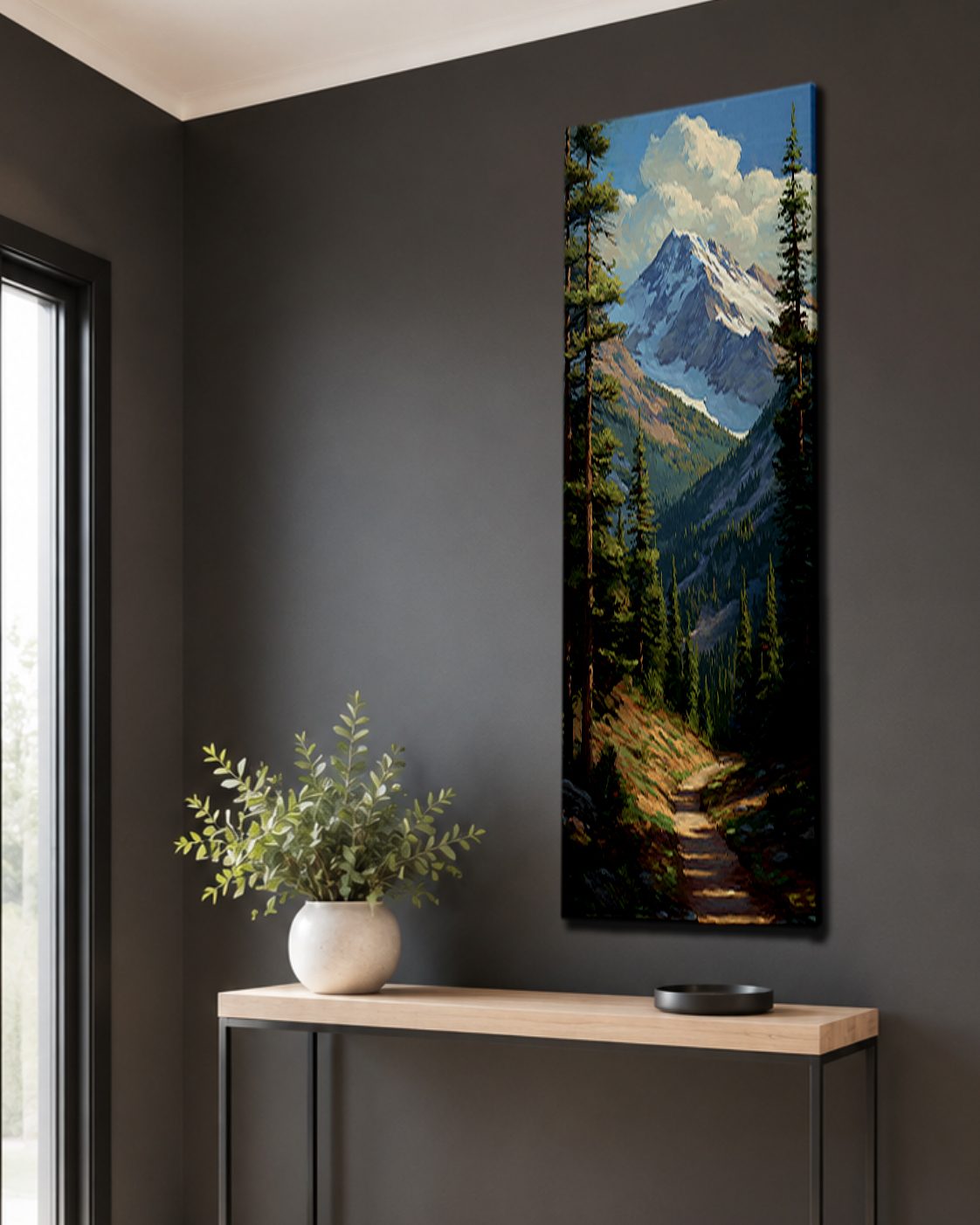 Snowy Mountain Peak and Forest Trail canvas wall art, unframed canvas