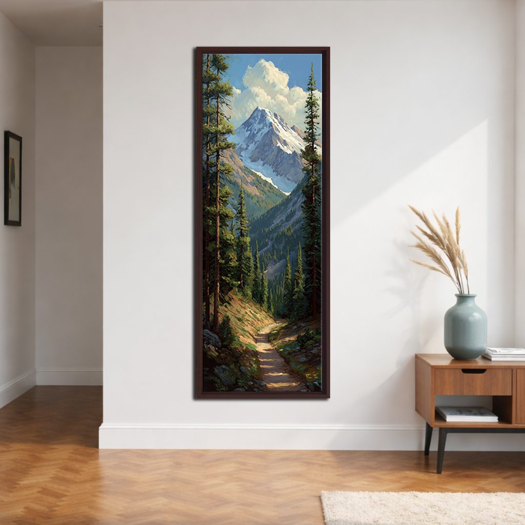 Snowy Mountain Peak and Forest Trail canvas wall art, walnut floating frame