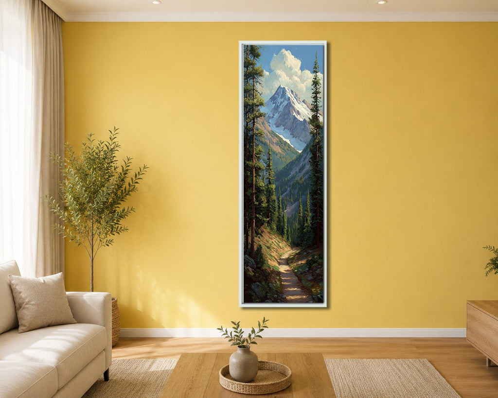 Snowy Mountain Peak and Forest Trail canvas wall art, white floating frame