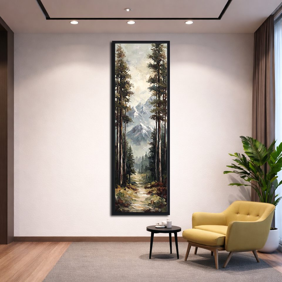 Snowy Mountain Pine Forest Path canvas wall art, black floating frame