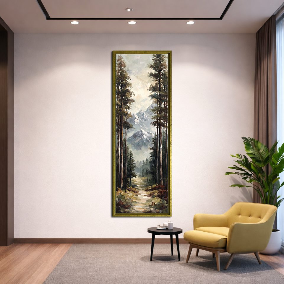 Snowy Mountain Pine Forest Path canvas wall art, gold floating frame