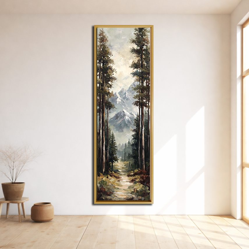 Snowy Mountain Pine Forest Path canvas wall art, natural wood floating frame