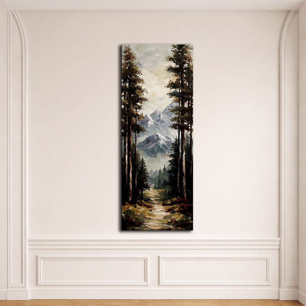 Snowy Mountain Pine Forest Path canvas wall art, unframed canvas
