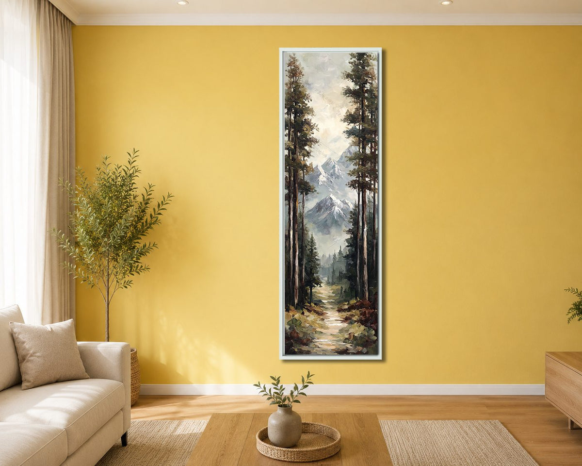 Snowy Mountain Pine Forest Path canvas wall art, white floating frame