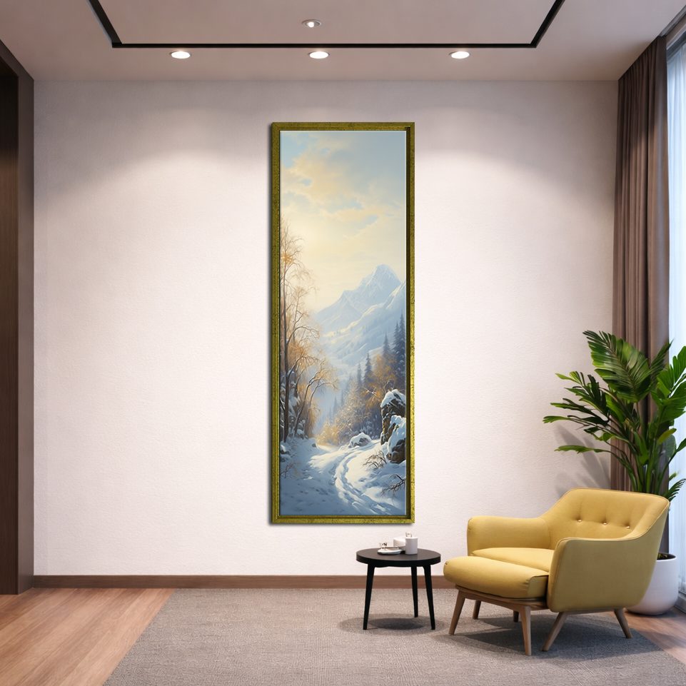 Snowy Mountain Winter Forest canvas wall art, gold floating frame