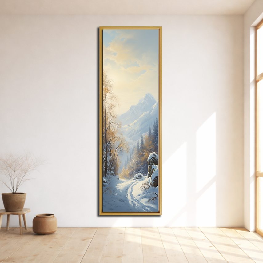 Snowy Mountain Winter Forest canvas wall art, natural wood floating frame