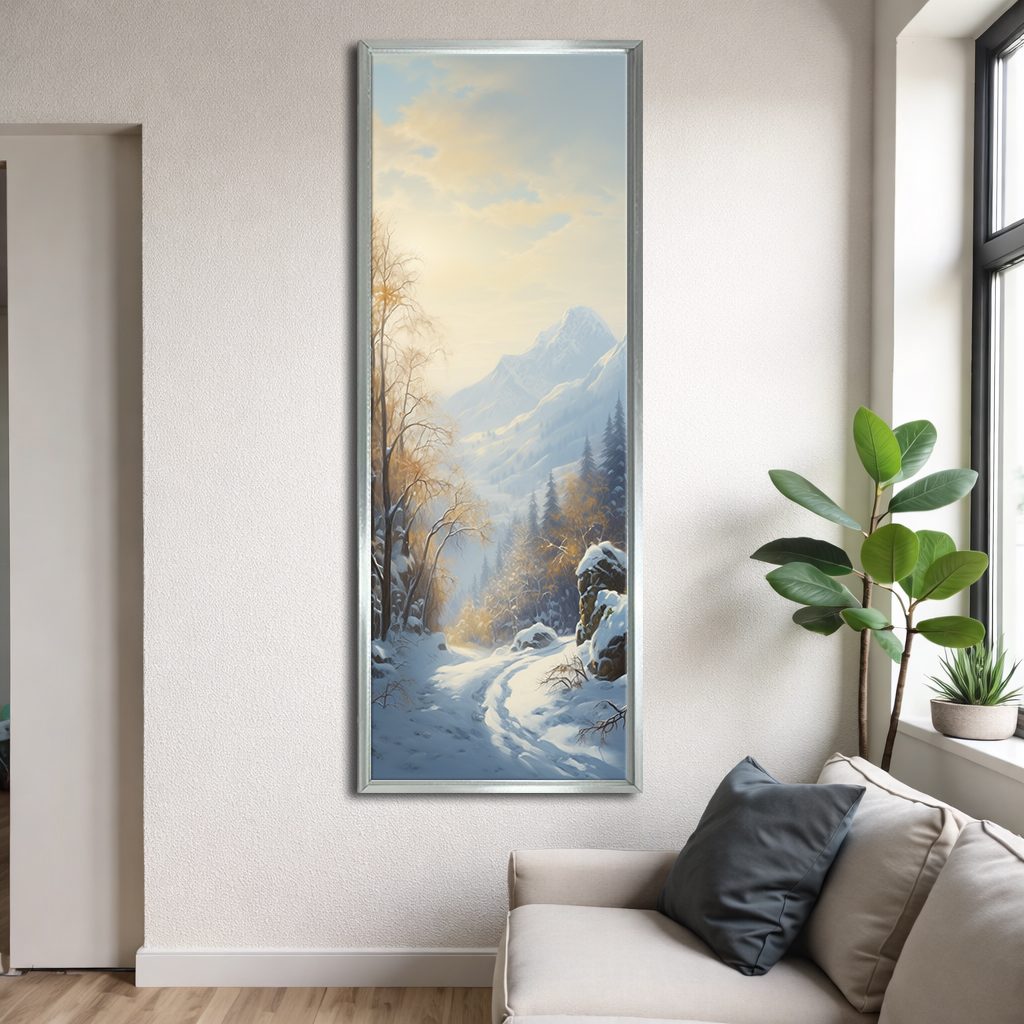 Snowy Mountain Winter Forest canvas wall art, silver floating frame