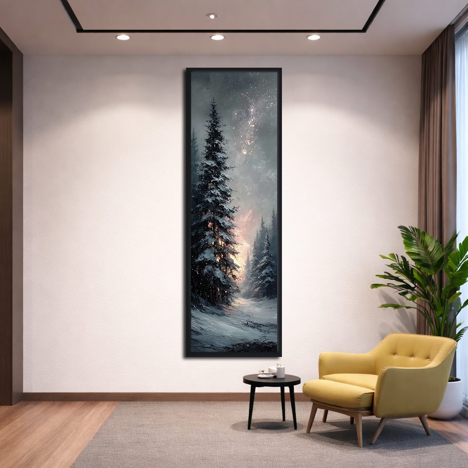 Snowy Pine Under Starry Sky canvas wall art, black floating frame